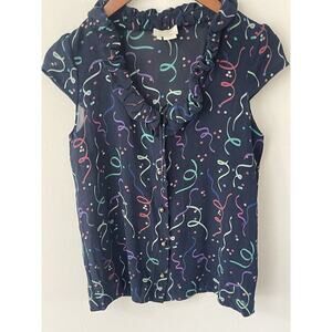 Kate Spade Live Colorfully Womens XS Confetti 100% Sillk Shirt Blue Gold Button